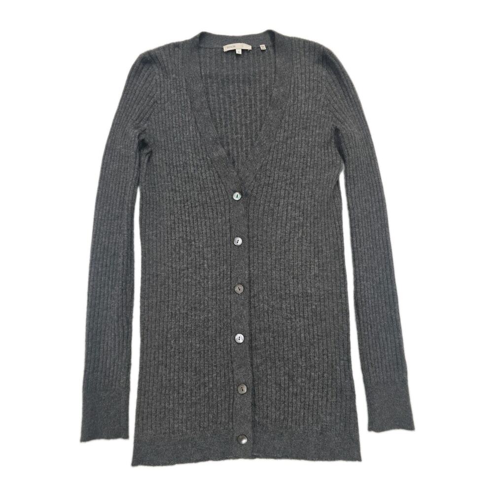 Vince 100% Cashmere Skinny Rib Cardigan Sweater Gray Long V-Neck Size S Luxury